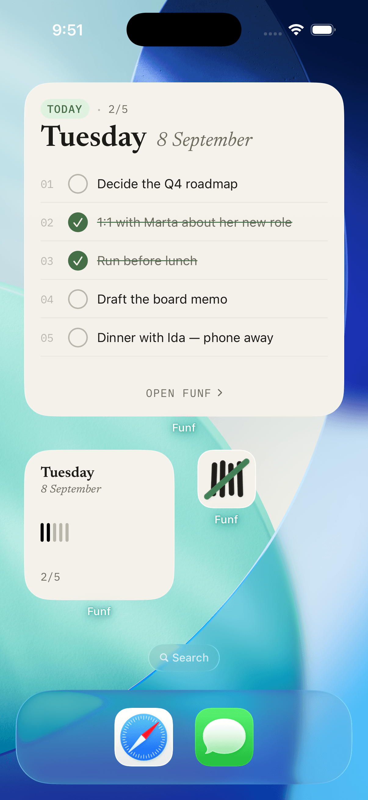 The widgets on the home screen