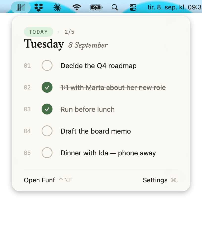 The menu bar popover with today’s five